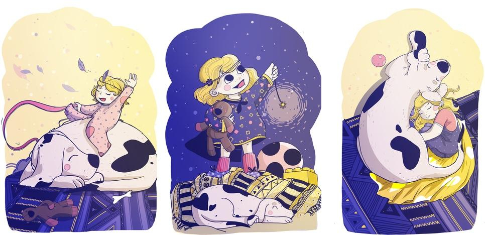 Série tří ilustrací holčičky a pejska